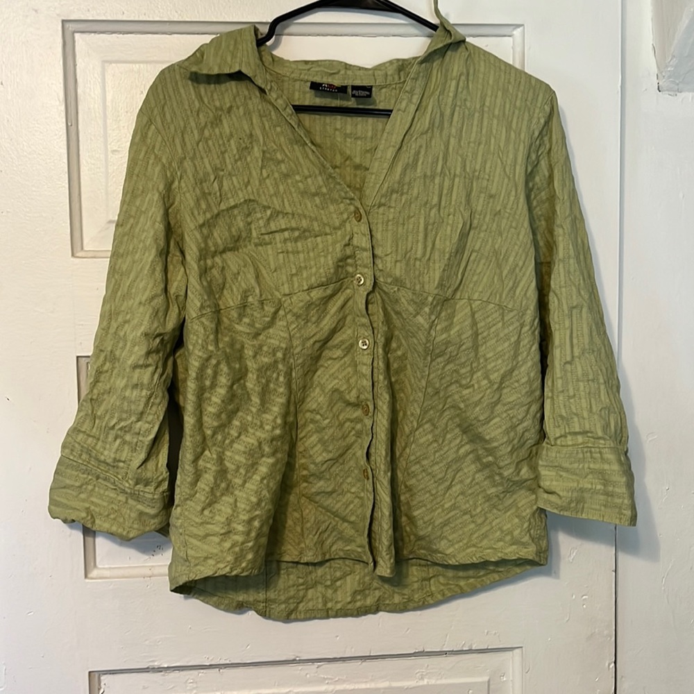 Green, thrifted button up collard shirt